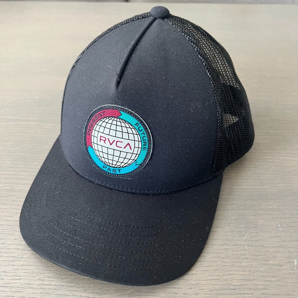 RVCA Domestic Mid Fit Black Men's Patch Globe Hat Snapback Trucker Cap